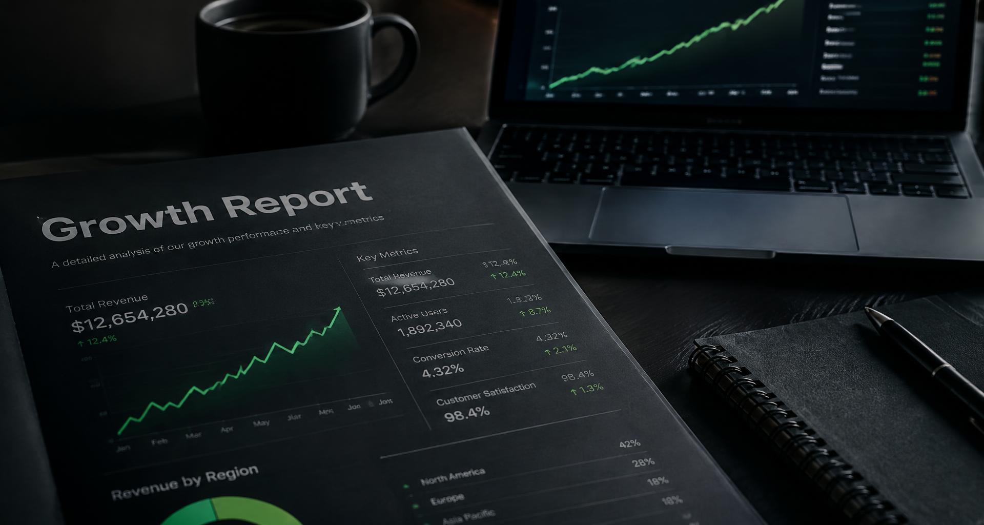 Growth report with an upward-trending chart beside a laptop