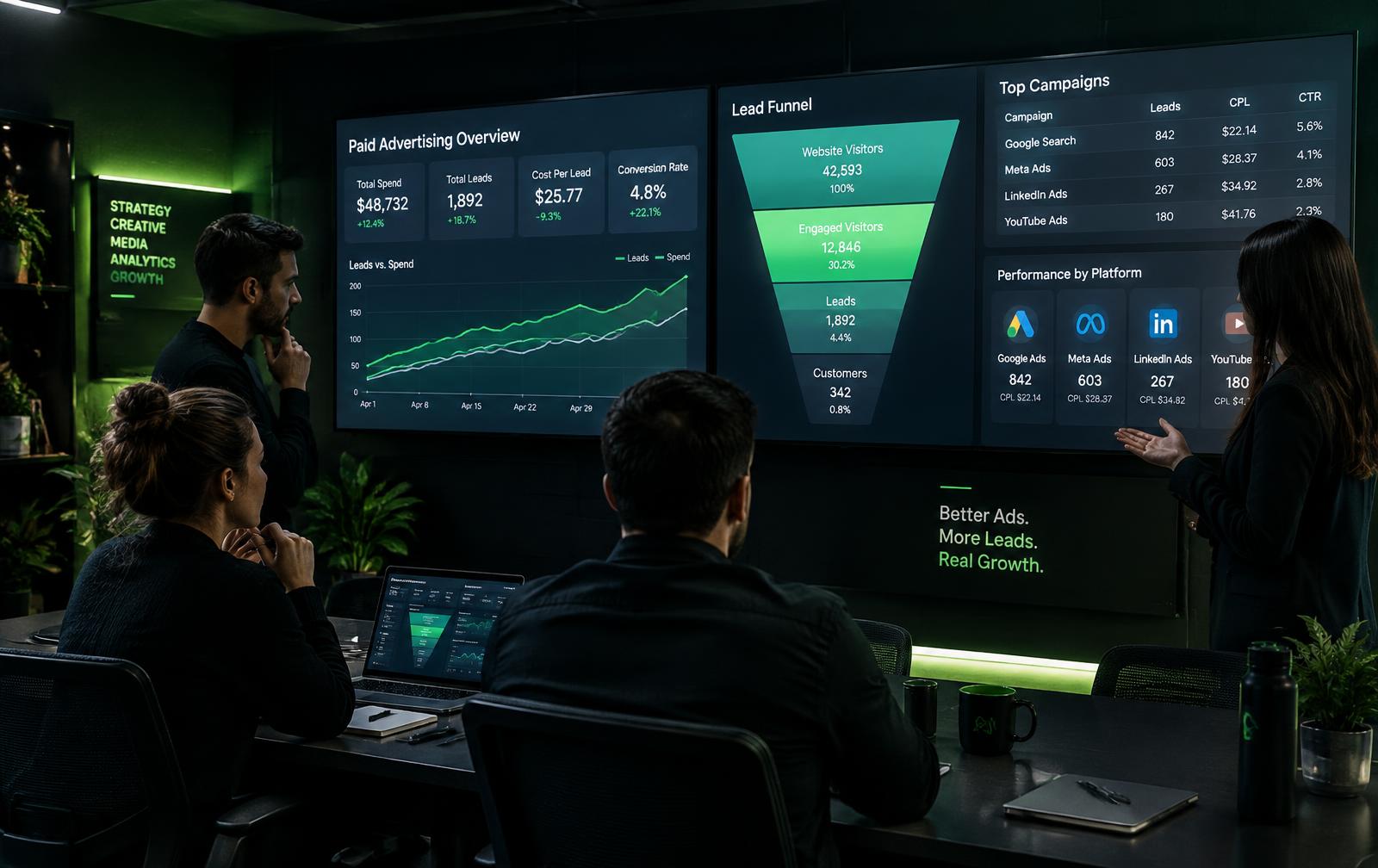Marketing team reviewing campaign dashboards and a lead funnel on large screens
