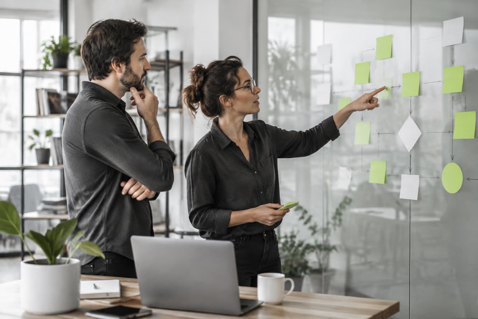Business consultants mapping a customer journey on a glass wall