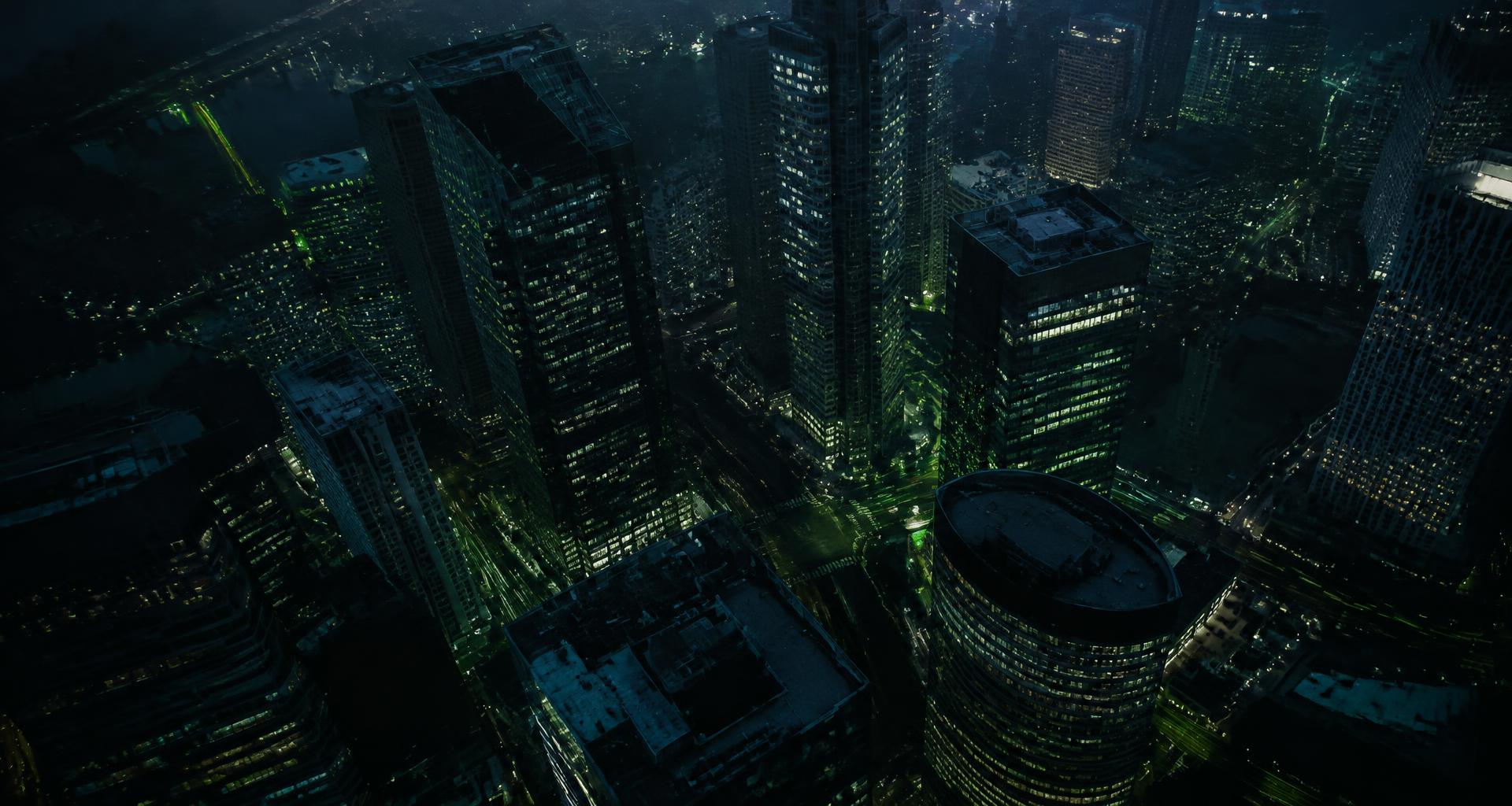Aerial night view of a modern business district