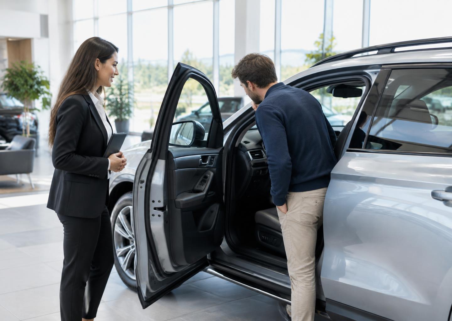 Illustrative dealership advisor helping a customer inspect a vehicle