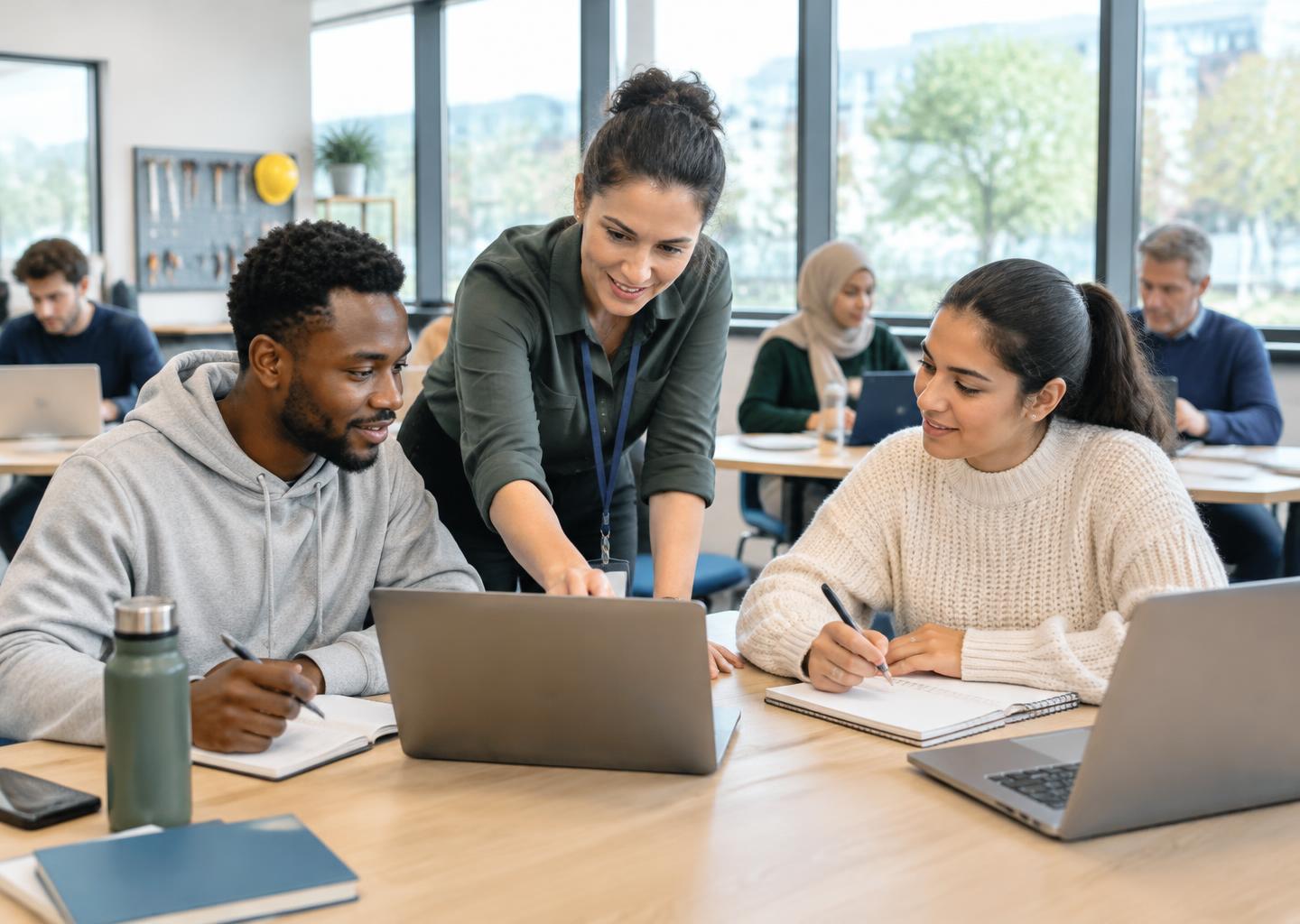Illustrative adult learners working with a training instructor