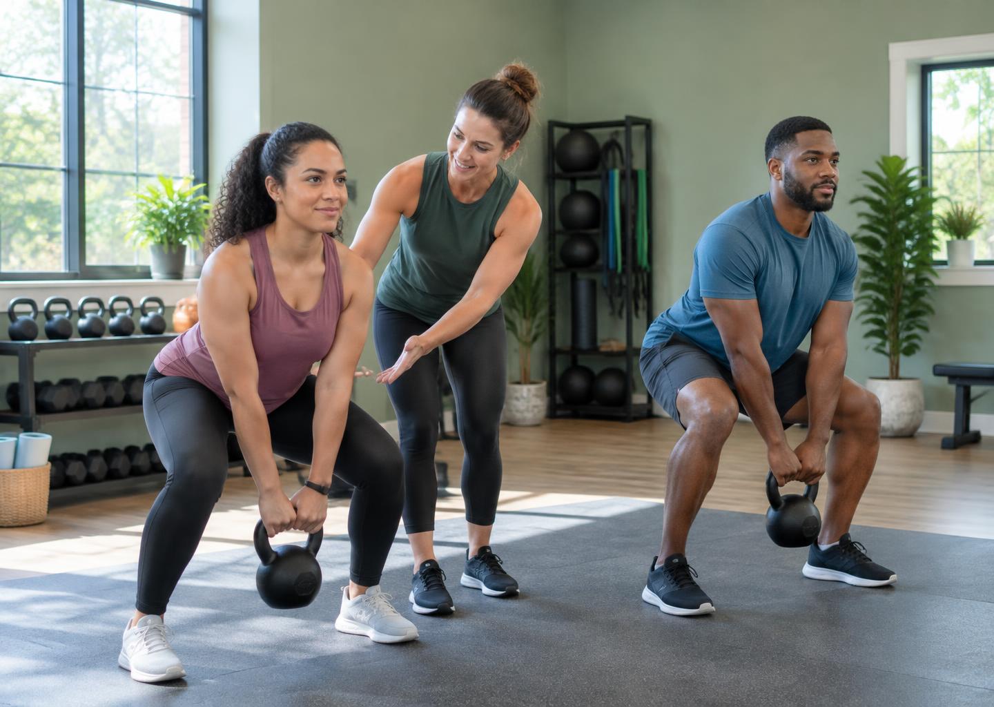 Illustrative trainer guiding adults in a welcoming fitness studio