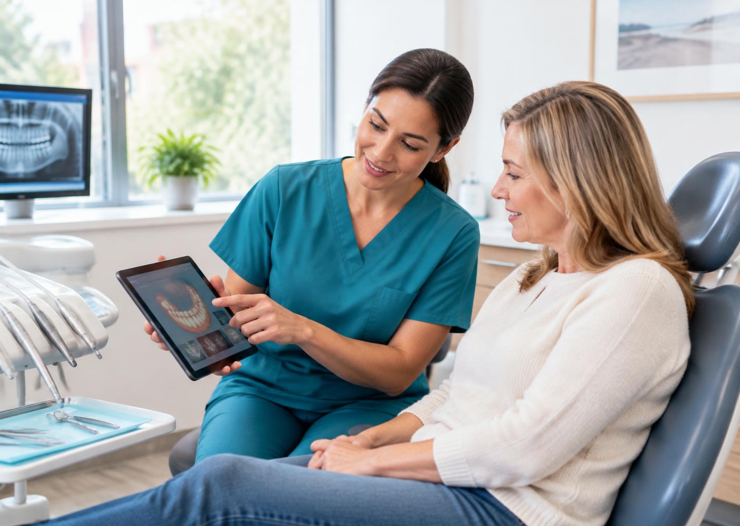 Illustrative clinician and patient discussing care in a modern clinic