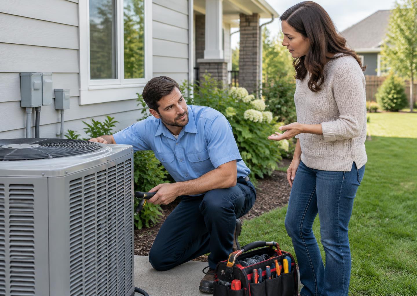 Illustrative technician discussing an air-conditioning service with a homeowner