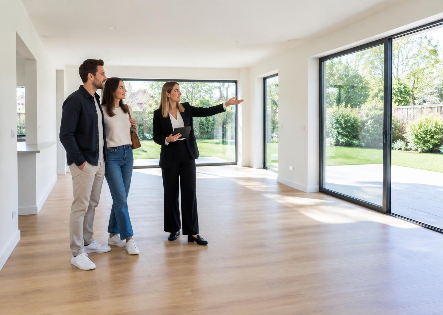 Illustrative property agent showing buyers a contemporary home