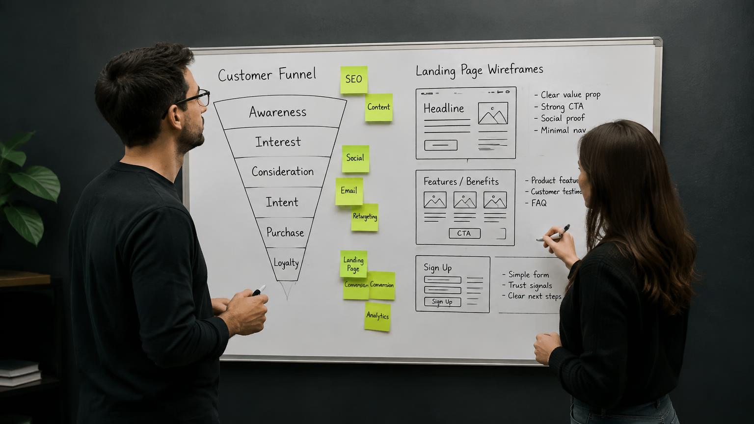 Marketers mapping a customer funnel on a whiteboard