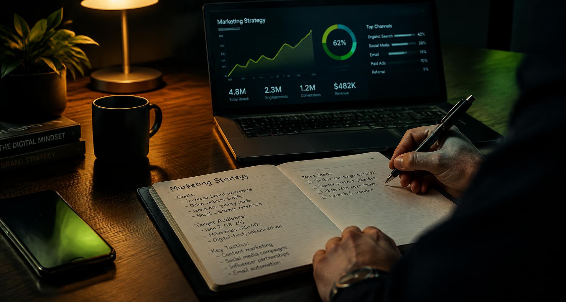 Writing marketing strategy notes beside a laptop with analytics