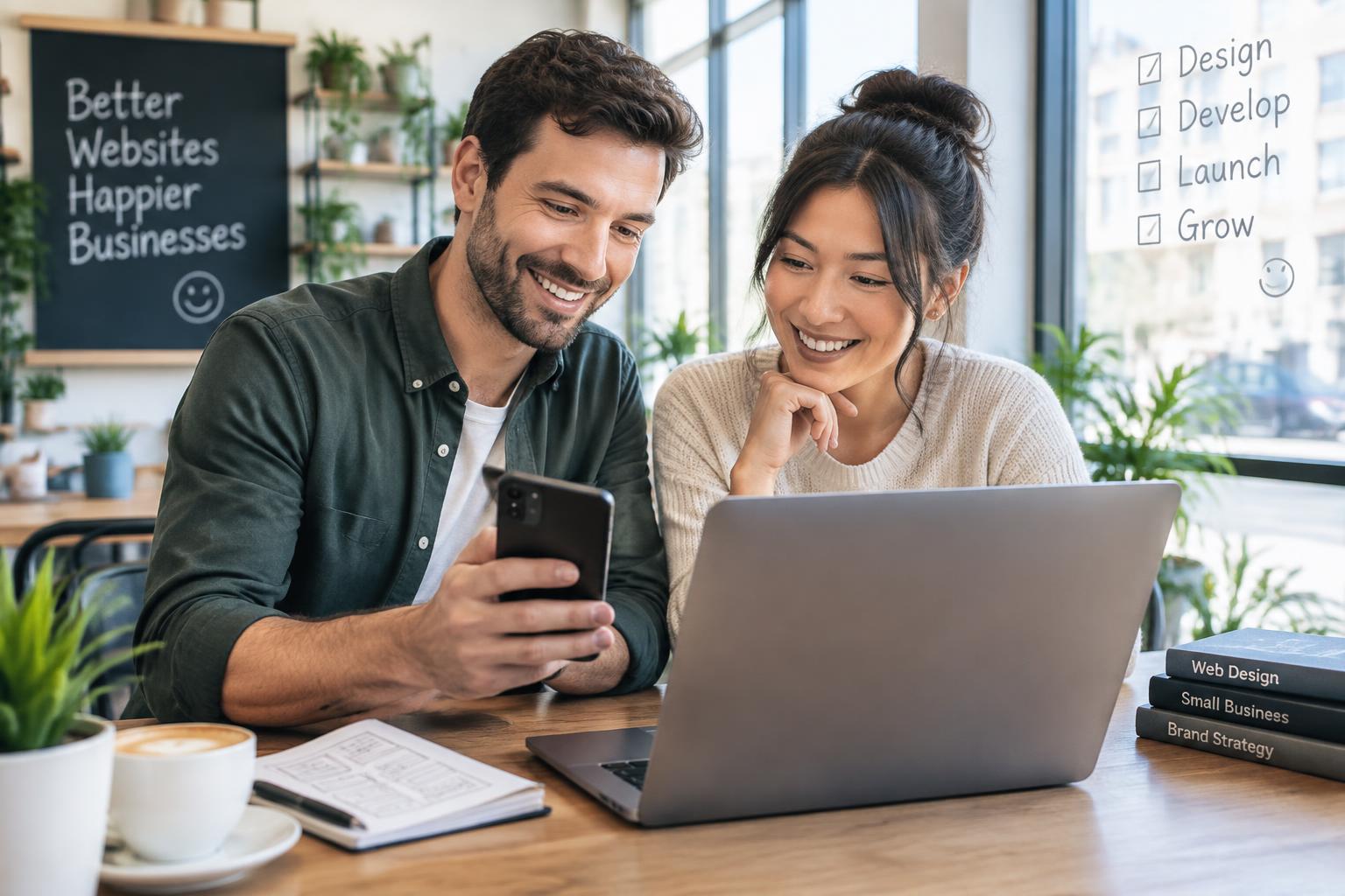 Business owner reviewing a new website on a phone with their designer