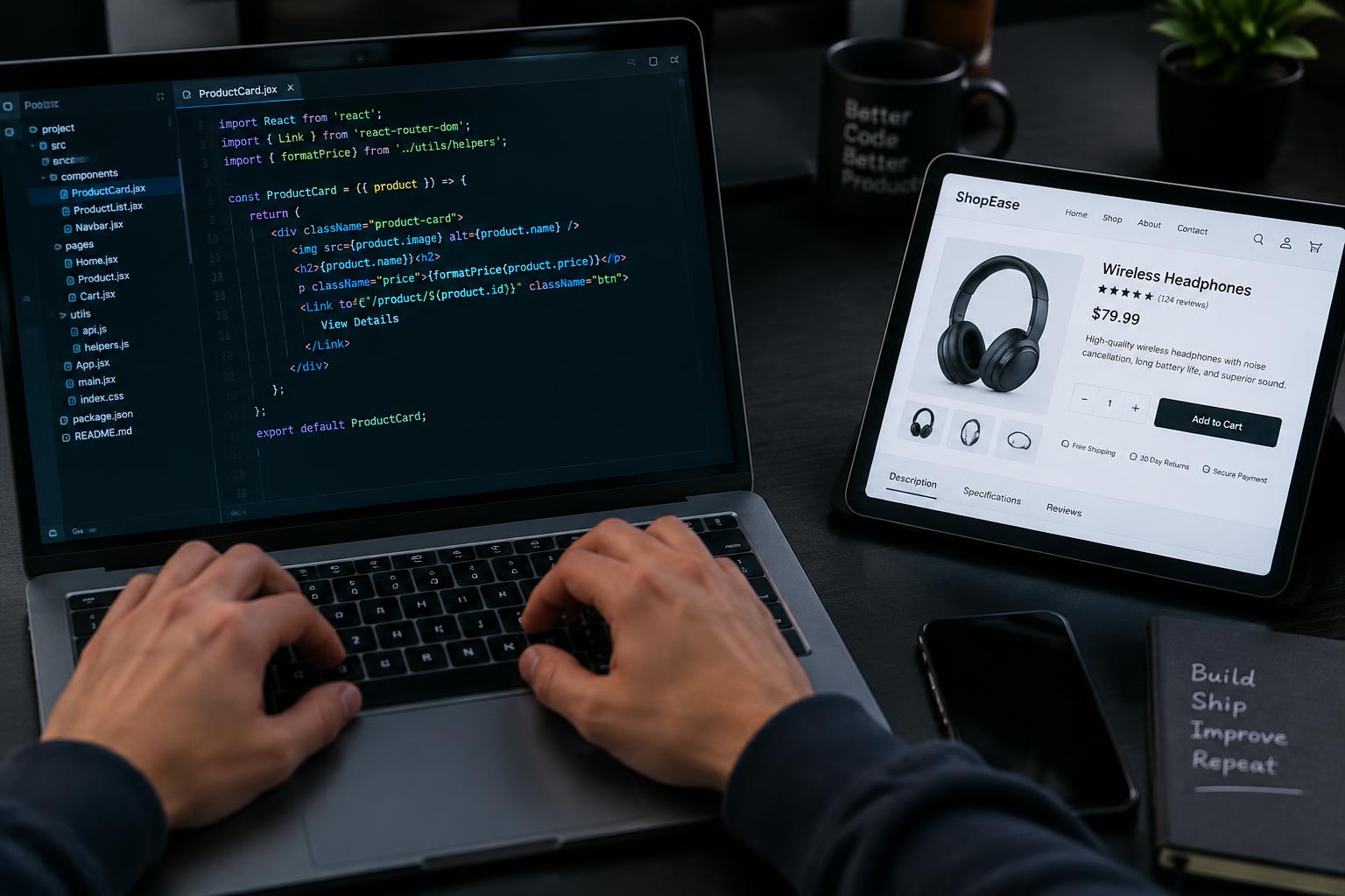 Developer coding an online store product page on a laptop and tablet